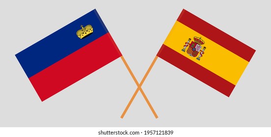 Crossed flags of Liechtenstein and Spain. Official colors. Correct proportion