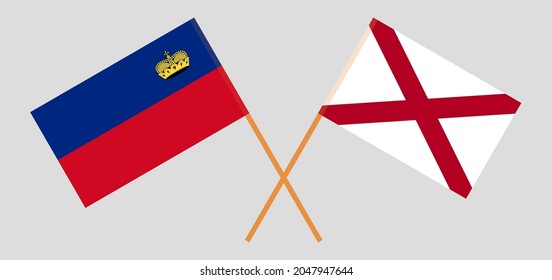 Crossed flags of Liechtenstein and The State of Alabama. Official colors. Correct proportion
