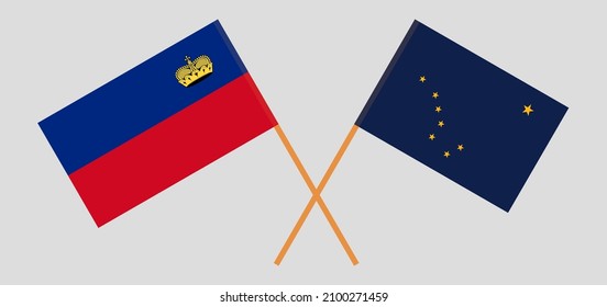 Crossed flags of Liechtenstein and the State of Alaska. Official colors. Correct proportion. Vector illustration
