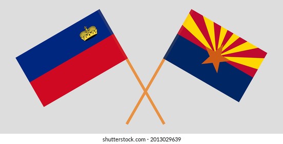 Crossed flags of Liechtenstein and the State of Arizona. Official colors. Correct proportion