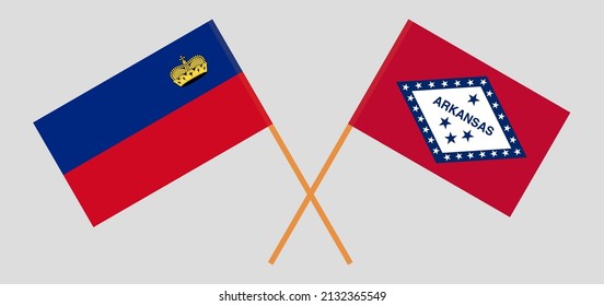 Crossed flags of Liechtenstein and The State of Arkansas. Official colors. Correct proportion. Vector illustration
