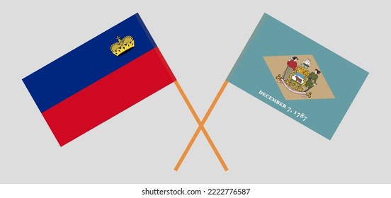 Crossed flags of Liechtenstein and The State of Delaware. Official colors. Correct proportion. Vector illustration
