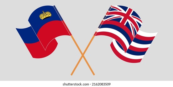 Crossed flags of Liechtenstein and The State Of Hawaii. Official colors. Correct proportion. Vector illustration
