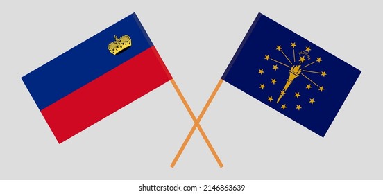 Crossed flags of Liechtenstein and the State of Indiana. Official colors. Correct proportion. Vector illustration
