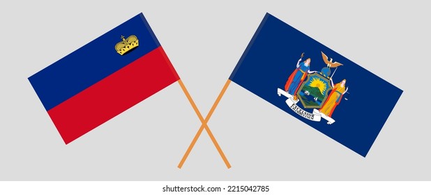 Crossed flags of Liechtenstein and The State of New York. Official colors. Correct proportion. Vector illustration
