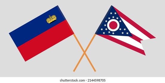 Crossed flags of Liechtenstein and the State of Ohio. Official colors. Correct proportion. Vector illustration
