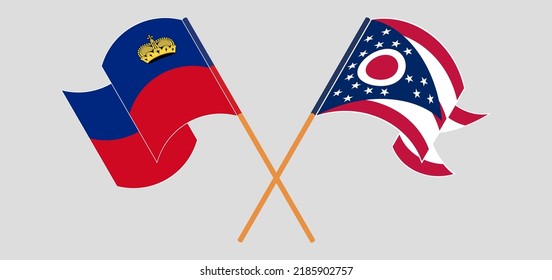 Crossed flags of Liechtenstein and the State of Ohio. Official colors. Correct proportion. Vector illustration
