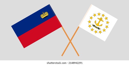 Crossed flags of Liechtenstein and the State of Rhode Island. Official colors. Correct proportion. Vector illustration
