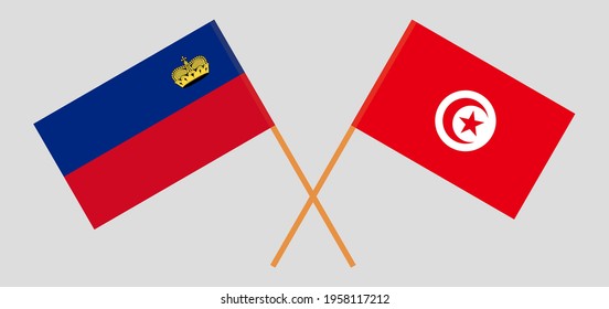Crossed flags of Liechtenstein and Tunisia. Official colors. Correct proportion