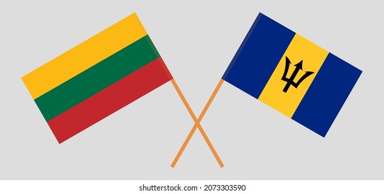 Crossed flags of Lithuania and Barbados. Official colors. Correct proportion. Vector illustration
