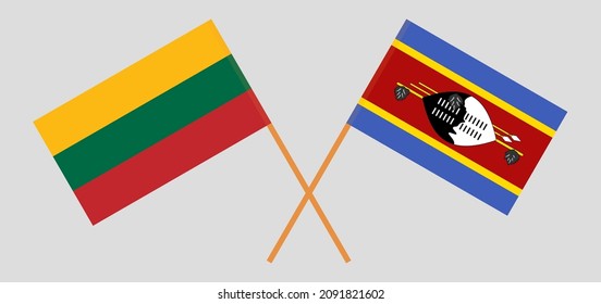 Crossed flags of Lithuania and Eswatini. Official colors. Correct proportion. Vector illustration
