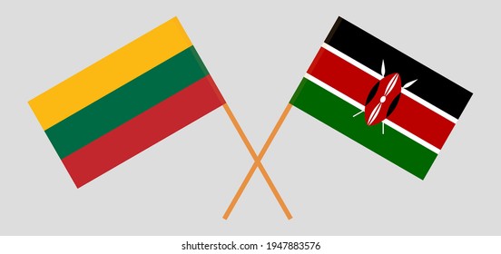 Banderas cruzadas de Lituania y Kenia. Colores oficiales. Proporción correcta