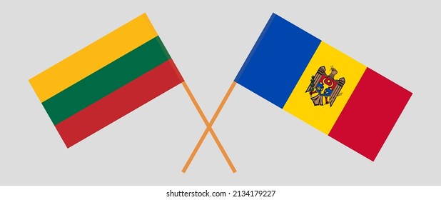 Crossed flags of Lithuania and Moldova. Official colors. Correct proportion. Vector illustration
