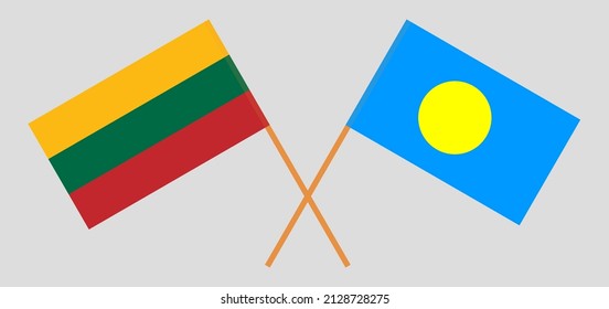 Banderas cruzadas de Lituania y Palau. Colores oficiales. Proporción correcta. Ilustración del vector