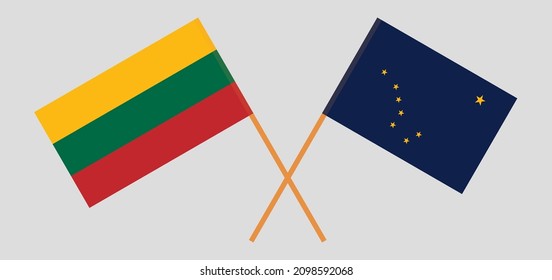 Crossed flags of Lithuania and the State of Alaska. Official colors. Correct proportion. Vector illustration
