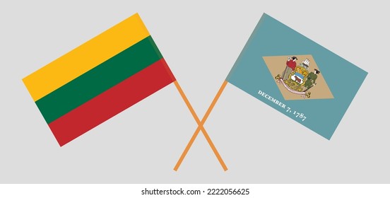 Crossed flags of Lithuania and The State of Delaware. Official colors. Correct proportion. Vector illustration

