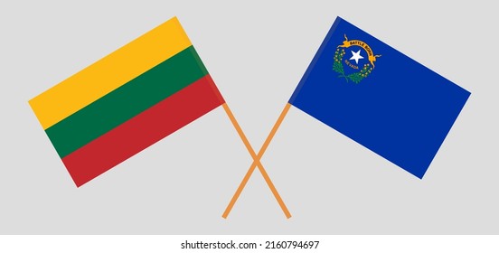 Überquerte Flaggen Litauens und des Staates Nevada. Offizielle Farben. Richtiger Anteil. Vektorgrafik
