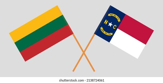 Crossed flags of Lithuania and The State of North Carolina. Official colors. Correct proportion. Vector illustration