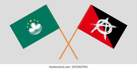 Crossed flags of Macau and anarchy. Official colors. Correct proportion. Vector illustration
