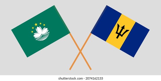 Crossed flags of Macau and Barbados. Official colors. Correct proportion. Vector illustration