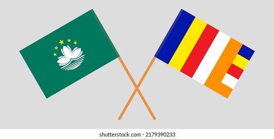 Crossed flags of Macau and Buddhism. Official colors. Correct proportion. Vector illustration
