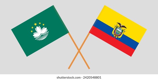 Crossed flags of Macau and Ecuador. Official colors. Correct proportion. Vector illustration
