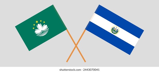 Crossed flags of Macau and El Salvador. Official colors. Correct proportion. Vector illustration
