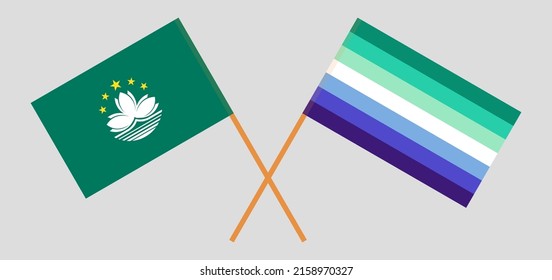 Crossed flags of Macau and gay men pride. Official colors. Correct proportion. Vector illustration
