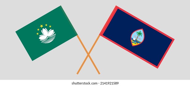 Crossed flags of Macau and Guam. Official colors. Correct proportion. Vector illustration
