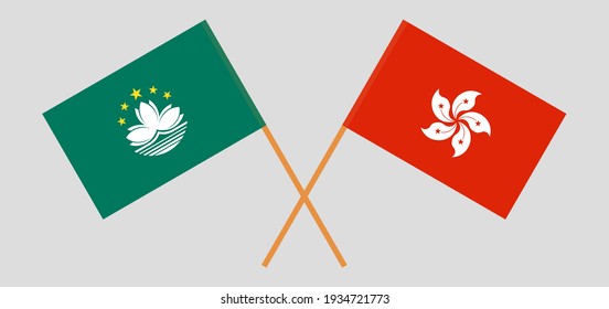 Crossed flags of Macau and Hong Kong. Official colors. Correct proportion