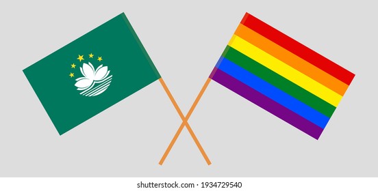 Crossed flags of Macau and LGBTQ. Official colors. Correct proportion