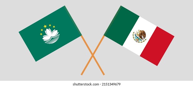Banderas cruzadas de Macao y México. Colores oficiales. Proporción correcta. Ilustración del vector
