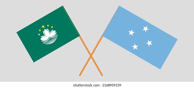 Crossed flags of Macau and Micronesia. Official colors. Correct proportion. Vector illustration
