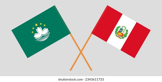 Crossed flags of Macau and Peru. Official colors. Correct proportion. Vector illustration

