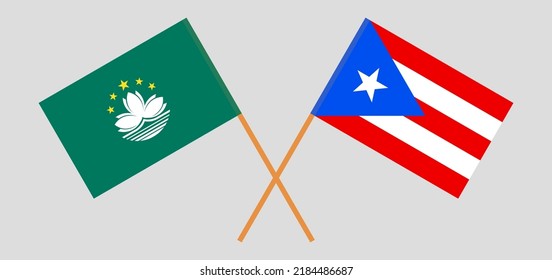 Crossed flags of Macau and Puerto Rico. Official colors. Correct proportion. Vector illustration
