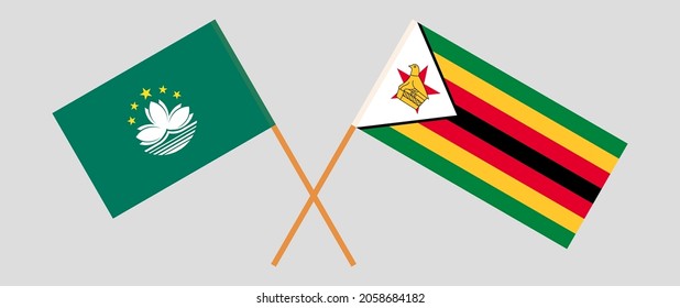 Banderas cruzadas de Macao y la República de Zimbabue. Colores oficiales. Proporción correcta
