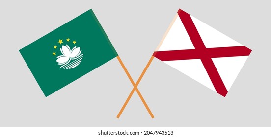 Banderas cruzadas de Macao y el estado de Alabama. Colores oficiales. Proporción correcta