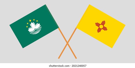 Crossed flags of Macau and the State of New Mexico. Official colors. Correct proportion