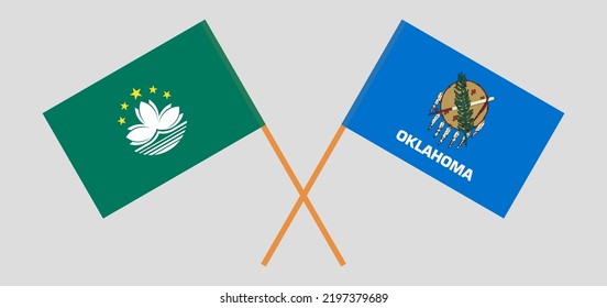 Crossed flags of Macau and The State of Oklahoma. Official colors. Correct proportion. Vector illustration
