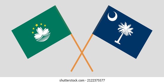 Banderas cruzadas de Macao y El estado de Carolina del Sur. Colores oficiales. Proporción correcta. Ilustración del vector
