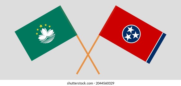 Banderas cruzadas de Macao y el Estado de Tennessee. Colores oficiales. Proporción correcta