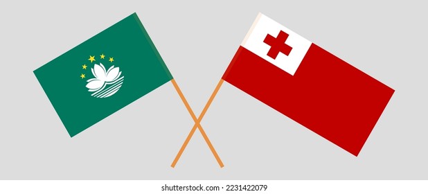 Banderas cruzadas de Macao y Tonga. Colores oficiales. Proporción correcta. Ilustración del vector
