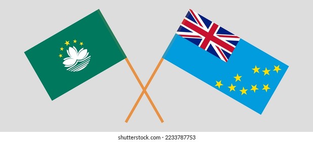 Crossed flags of Macau and Tuvalu. Official colors. Correct proportion. Vector illustration
