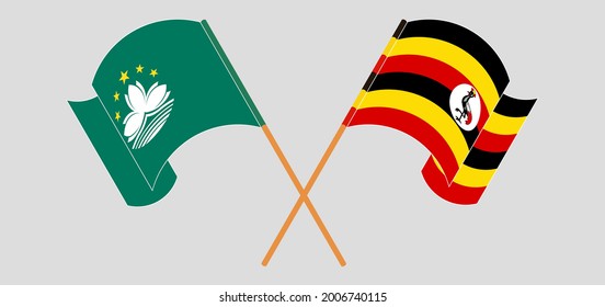 Gekreuzte Flaggen von Macau und Uganda. Offizielle Farben. Richtiger Anteil