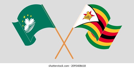 Crossed flags of Macau and Zimbabwe. Official colors. Correct proportion. Vector illustration
