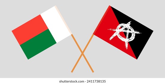 Crossed flags of Madagascar and anarchy. Official colors. Correct proportion. Vector illustration
