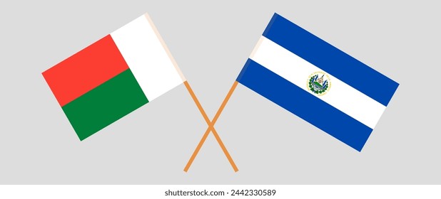 Crossed flags of Madagascar and El Salvador. Official colors. Correct proportion. Vector illustration
