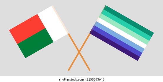 Crossed flags of Madagascar and gay men pride. Official colors. Correct proportion. Vector illustration
