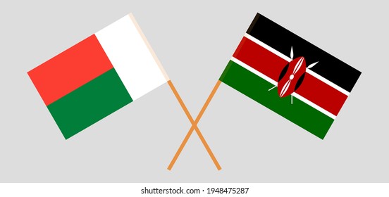 Crossed flags of Madagascar and Kenya. Official colors. Correct proportion
