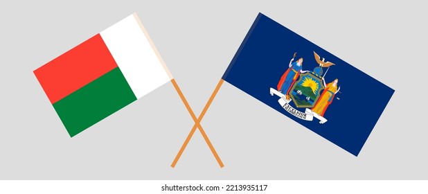 Banderas cruzadas de Madagascar y el estado de Nueva York. Colores oficiales. Proporción correcta. Ilustración del vector

